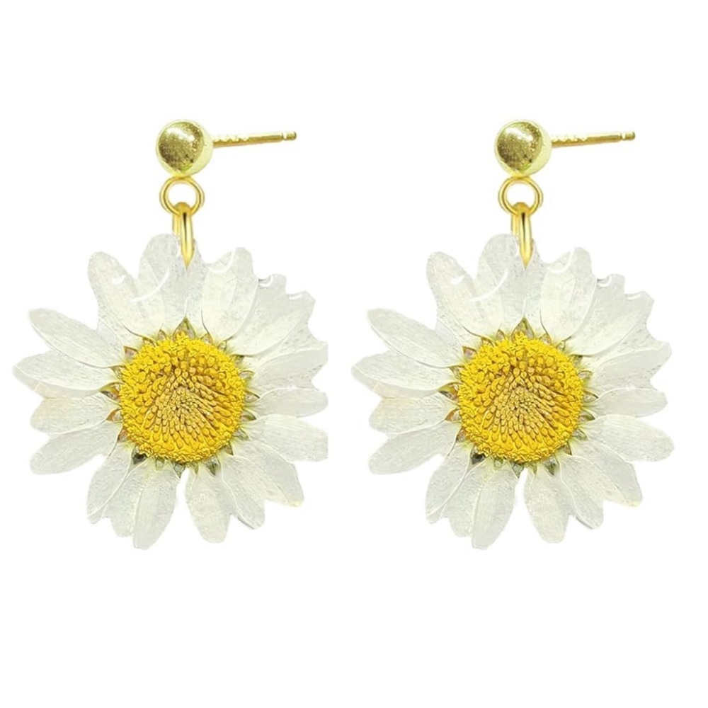 NEW! Daisy Earrings Handmade Pressed Flower 14k Gold Plated S925 SS Drop Stud